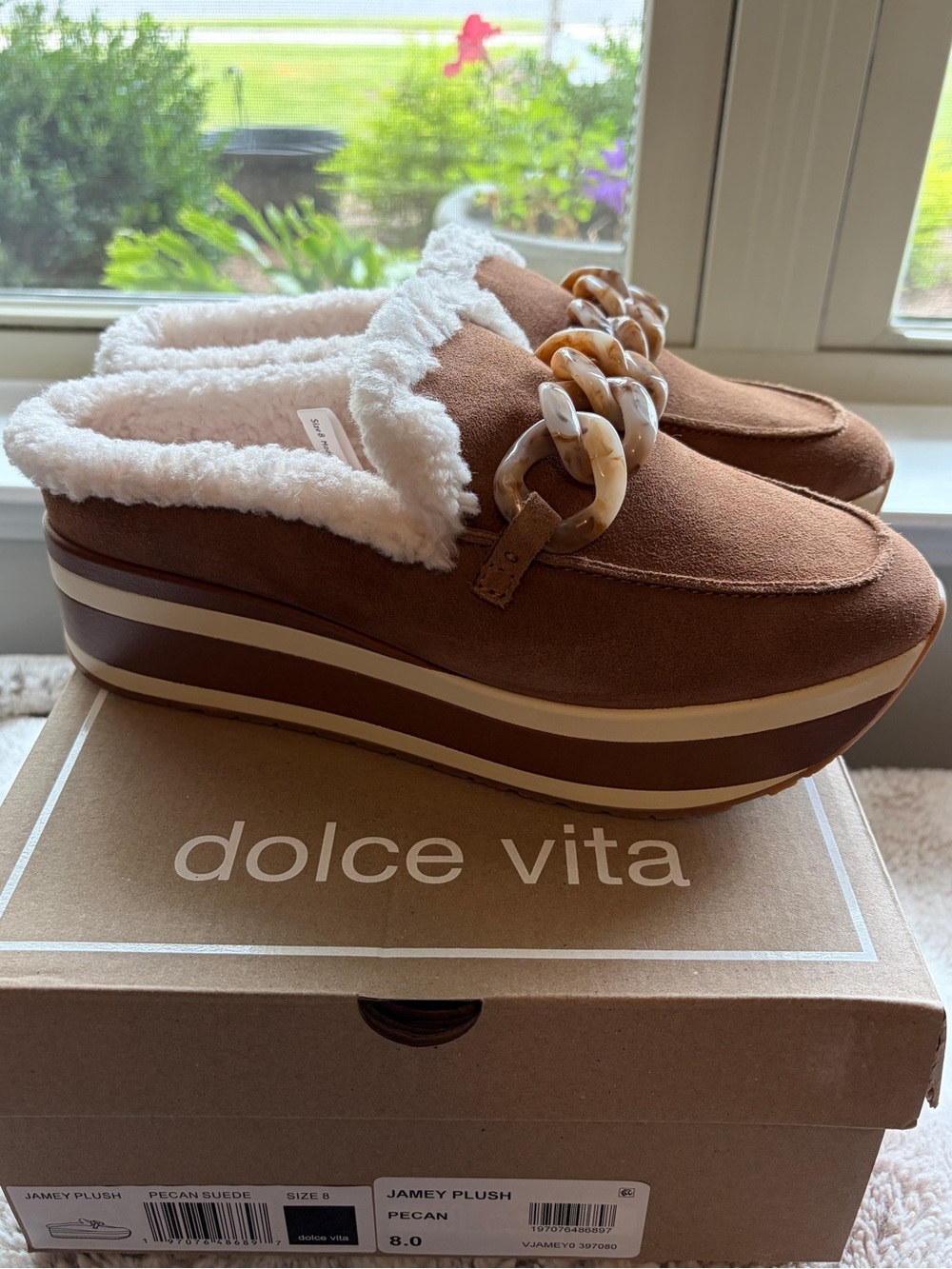 Dolce Vita Pecan Suede Platform Mule with White Shearling Trim